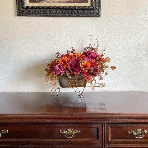 Faux Floral Bouquet In Garden Cart With Pink Roses - Picture 6 of 12